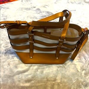 Michael Kors Acorn color (leather) and Natural (canvas fabric) small cage tote